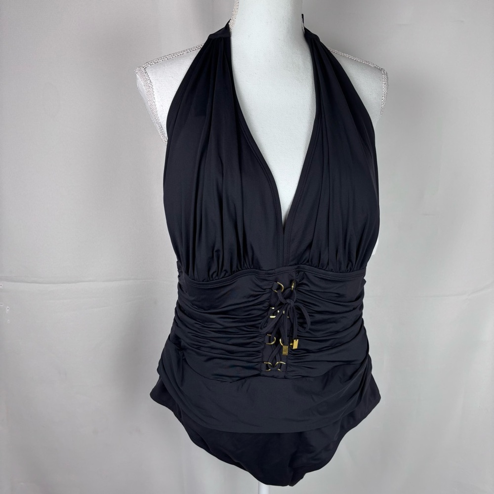 NWT Bleu Rod Beattie Plus Size 20W Black Halter One Piece Swimsuit Tummy control
